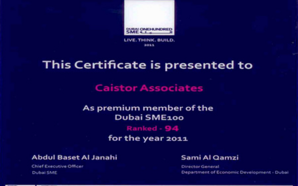 Premium Member of the Dubai SME 100 for the year 2011